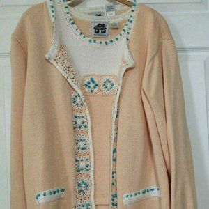 Storybook Knits Cardigan/Sweater Set 2-Piece Peach with Turquoise size 1X (SFL)